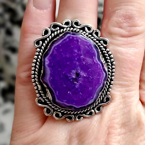 New Huge Purple Agate Druzy 925 Silver Statement Ring. - Picture 2 of 8